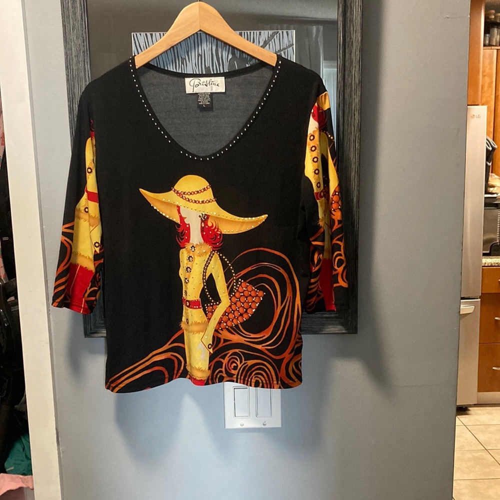 Black and Orange Graphic 3/4 Sleeve Blouse Relaxed Fit